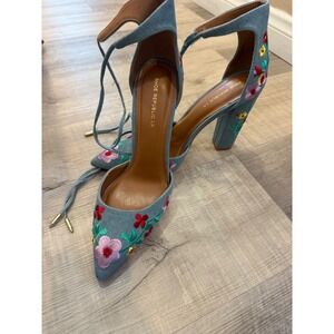 Y2K Boho Floral Embroidered Denim Heels | Shoe Republic LA | Size 10